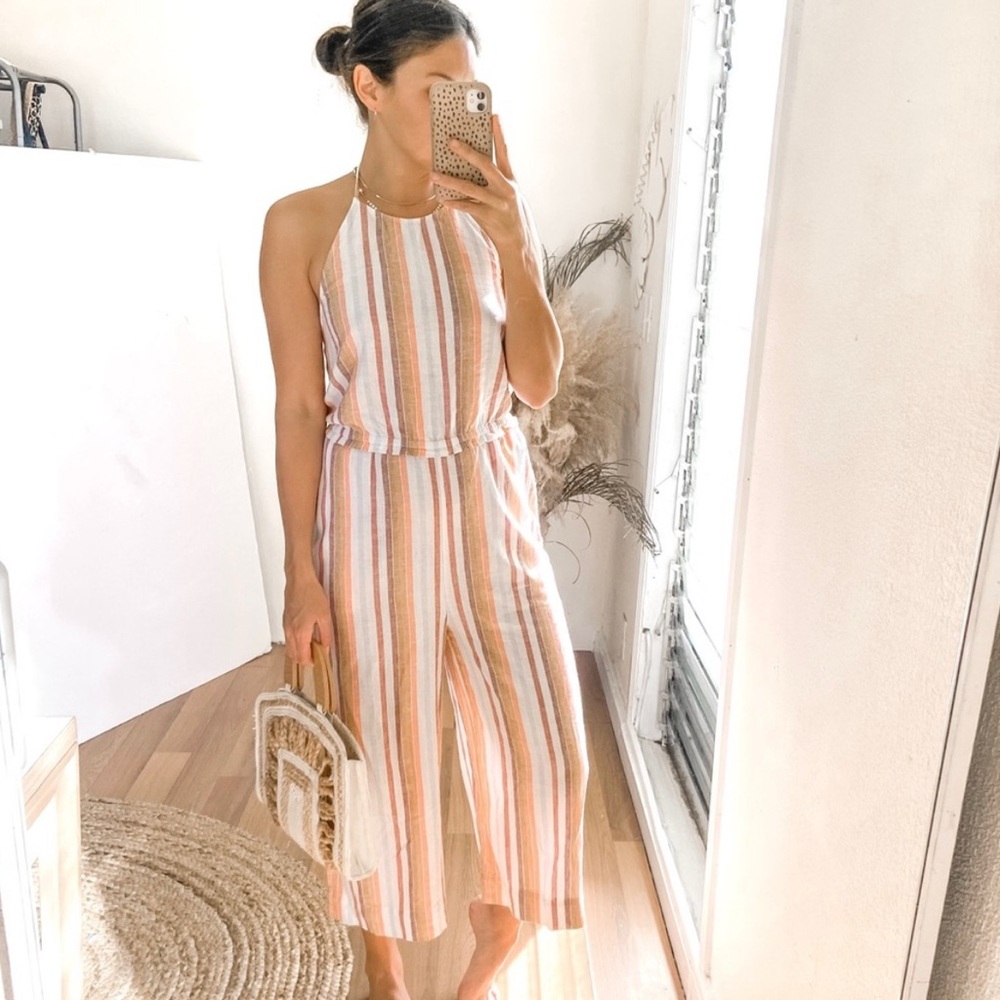 Anthropologie Cloth & Stone Striped Halter Linen  Jumpsuit size Medium